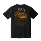 Back view of a black Comfort Colors t-shirt displayed on a white background with a rustic distressed farm graphic reading “This Is My Dirt” featuring a tractor and barn scene by Back Porch Apparel.
