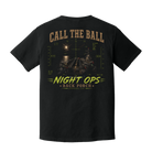 Back of Black Comfort Colors Night Ops t-shirt featuring a moonlit aircraft carrier flight deck with HUD graphics and the words "Call the Ball."