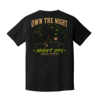 Back of Black Comfort Colors Night Ops t-shirt featuring a moonlit aircraft carrier with fighter jets, radar graphics, and the words "Own the Night."