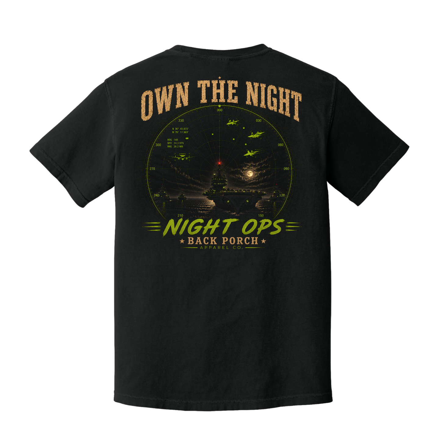 Back of Black Comfort Colors Night Ops t-shirt featuring a moonlit aircraft carrier with fighter jets, radar graphics, and the words "Own the Night."