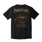 Back view of a black Comfort Colors Porch Life t-shirt with vintage starry sky porch artwork and country lifestyle design.