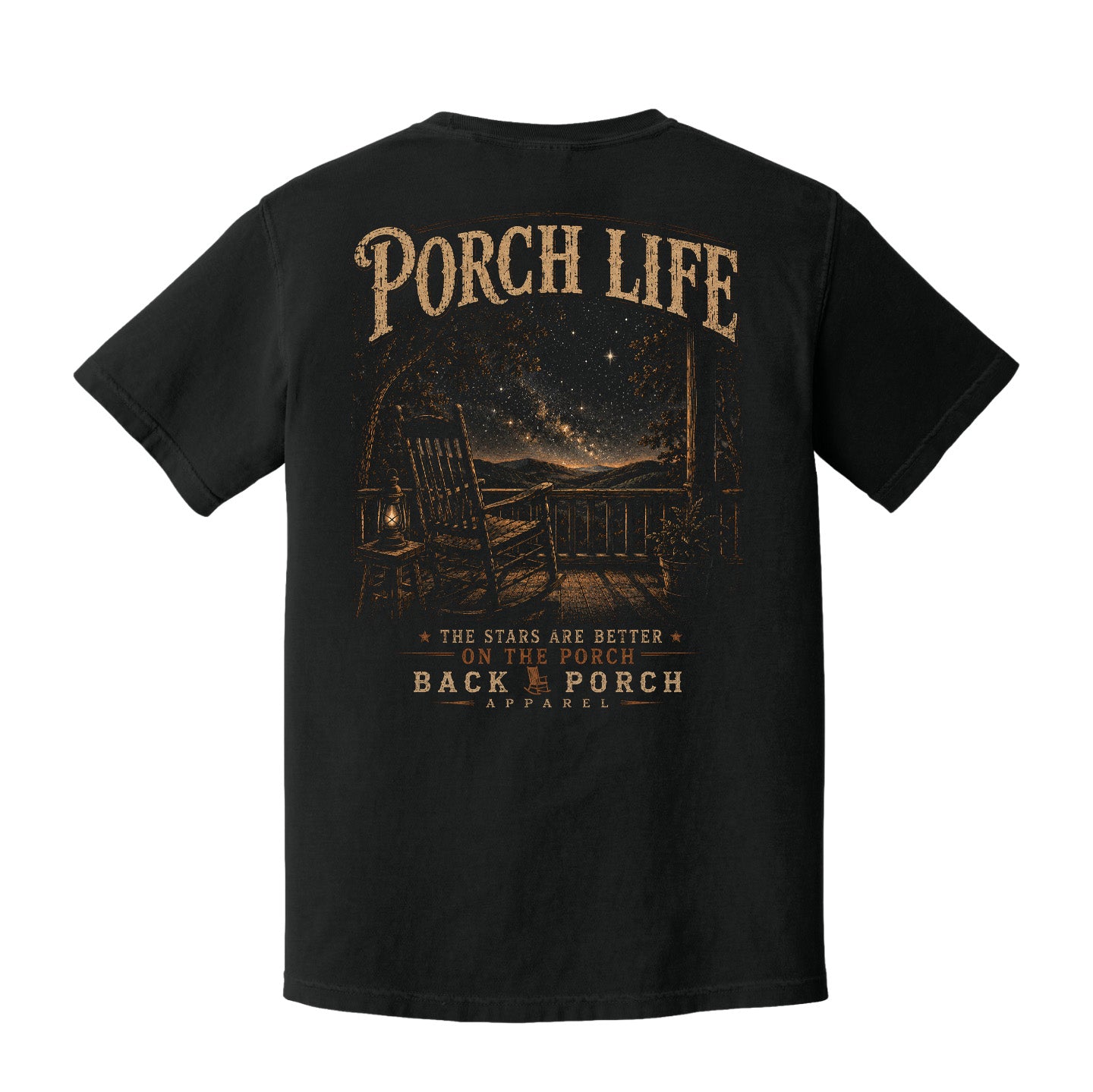 Back view of a black Comfort Colors Porch Life t-shirt with vintage starry sky porch artwork and country lifestyle design.