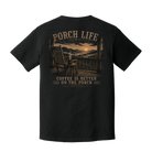 Back of Black Comfort Colors graphic t-shirt featuring a rustic porch with a rocking chair, steaming coffee mug, mountain sunrise, and the phrase "Coffee Is Better on the Porch."