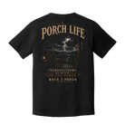Back of Black Comfort Colors graphic t-shirt featuring a rustic porch, rocking chair, lightning storm over the mountains, and the phrase "Thunderstorms Are Better on the Porch."