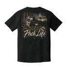 A black short-sleeve t-shirt shown from the back, featuring a large graphic print of two wolves in a forest with the text 'Pack Life' and 'Black Powder Apparel' printed below.