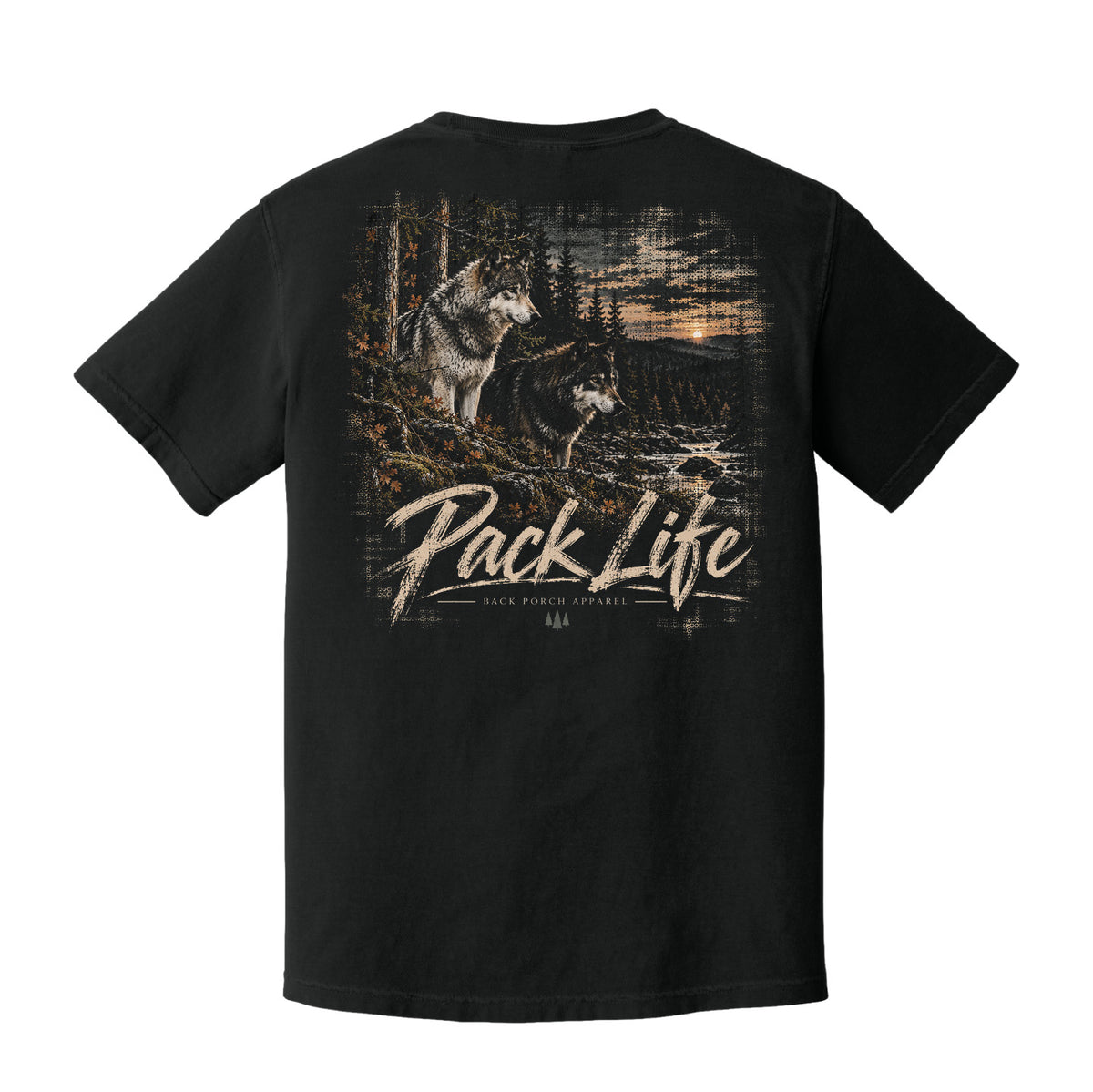 A black short-sleeve t-shirt shown from the back, featuring a large graphic print of two wolves in a forest with the text 'Pack Life' and 'Black Powder Apparel' printed below.