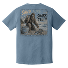 Back view of Back Porch Apparel Co. Sand. Surf. Shark Teeth. graphic tee on Comfort Colors Blue Jean shirt with distressed Bigfoot shark tooth hunting design.