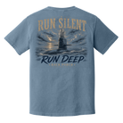 Back of Blue Jean Comfort Colors submarine t-shirt featuring a detailed submarine with the words "Run Silent Run Deep."