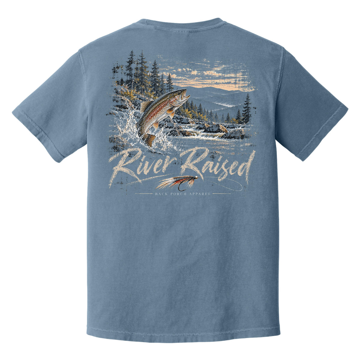 A blue short-sleeve t-shirt shown from the back, featuring a large graphic print of a jumping fish, mountains, trees, and the text 'River Raised' with 'Rise Fish Experts' underneath.