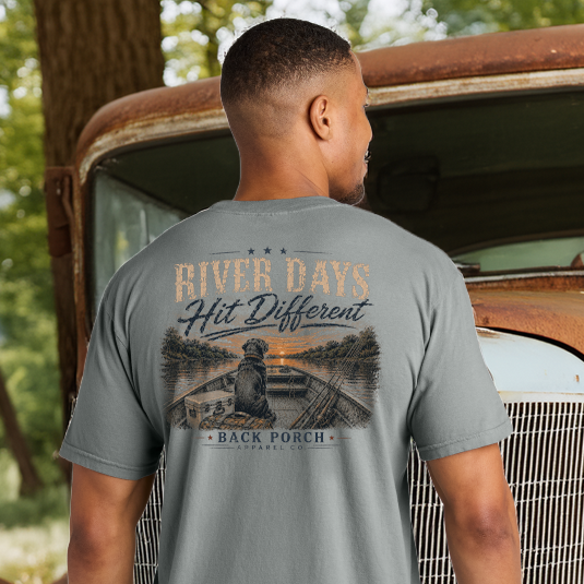 Model Wearting a Back Porch Apparel River Days Hit Different Comfort Colors Shirt