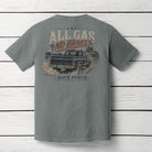 Back view of the Back Porch Apparel All Gas No Brakes Comfort Colors Grey t-shirt featuring a vintage square-body pickup truck, country farmhouse, windmill, and distressed country graphic.