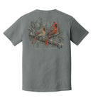 A gray short-sleeve t-shirt shown from the back, featuring a large graphic print of two red cardinals perched on a branch with the text 'NEW YORK CARDINALS' underneath.