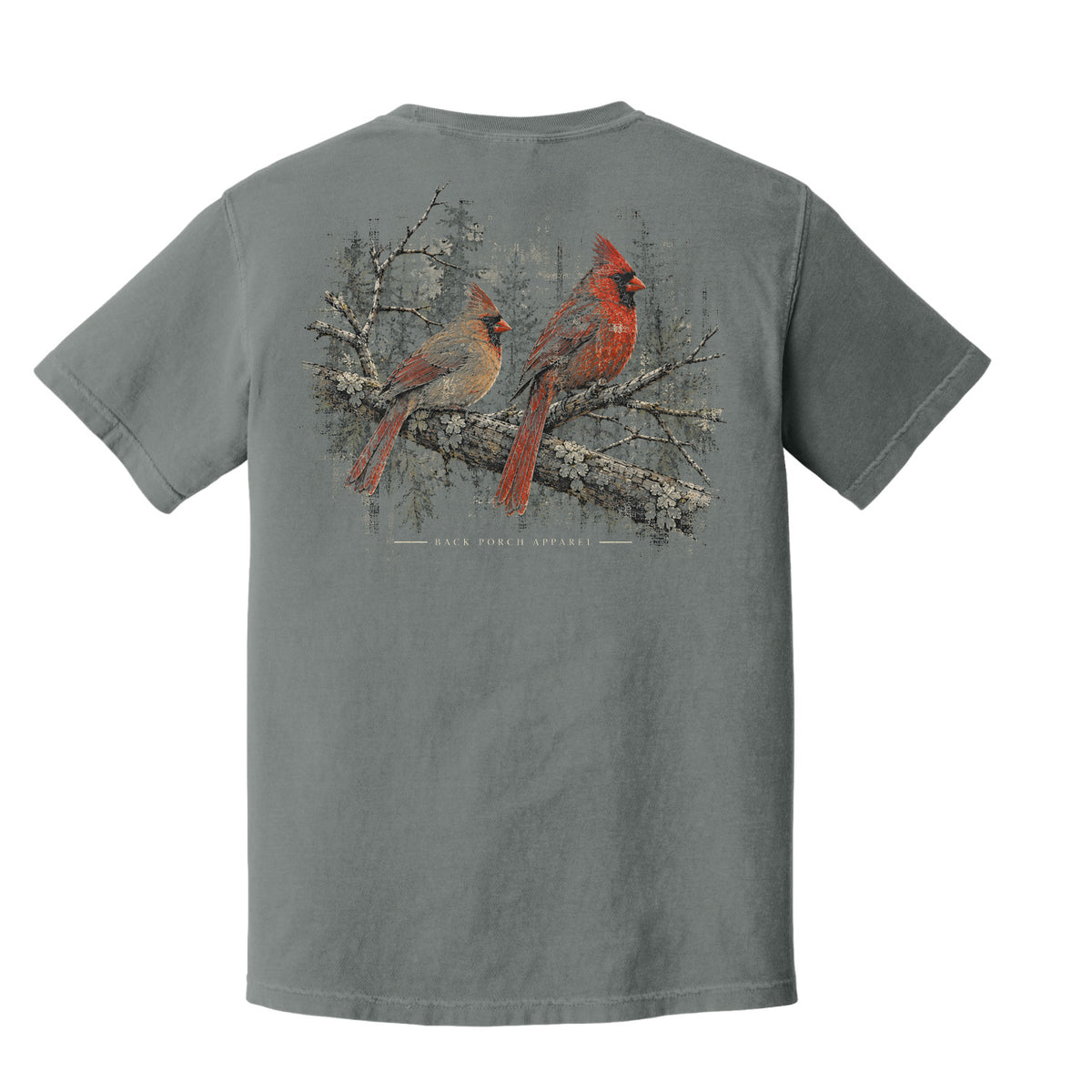 A gray short-sleeve t-shirt shown from the back, featuring a large graphic print of two red cardinals perched on a branch with the text 'NEW YORK CARDINALS' underneath.