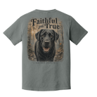 Faithful and True black Labrador graphic printed on a Comfort Colors 1717 Grey t-shirt by Back Porch Apparel.