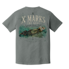 Back view of a Comfort Colors Grey shirt featuring vintage shipwreck coastal artwork and nautical design details.