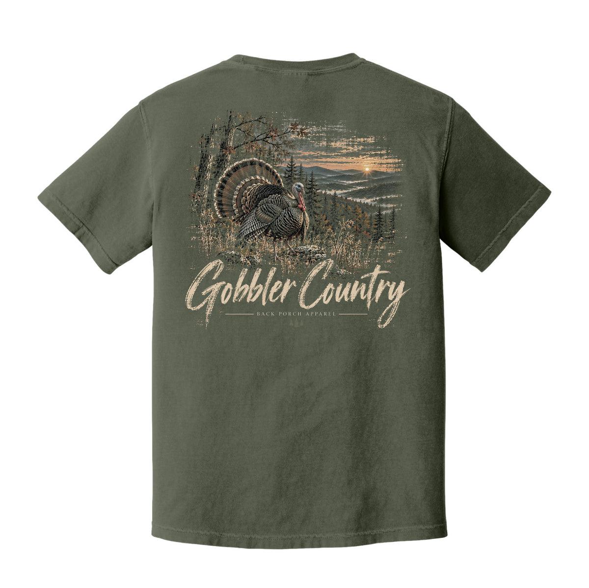 An olive green short-sleeve t-shirt shown from the back, featuring a large graphic print of a wild turkey in a forest landscape with the text 'Gobbler Country' in a distressed beige font.