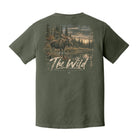 an olive green graphic T-shirt with a large back print of a moose in a forest and the words “The Wild.”.