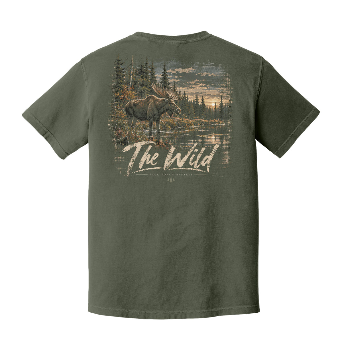 an olive green graphic T-shirt with a large back print of a moose in a forest and the words “The Wild.”.