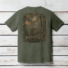 Back view of the Whitetail Country Comfort Colors Moss t-shirt featuring a mature whitetail buck in the woods.