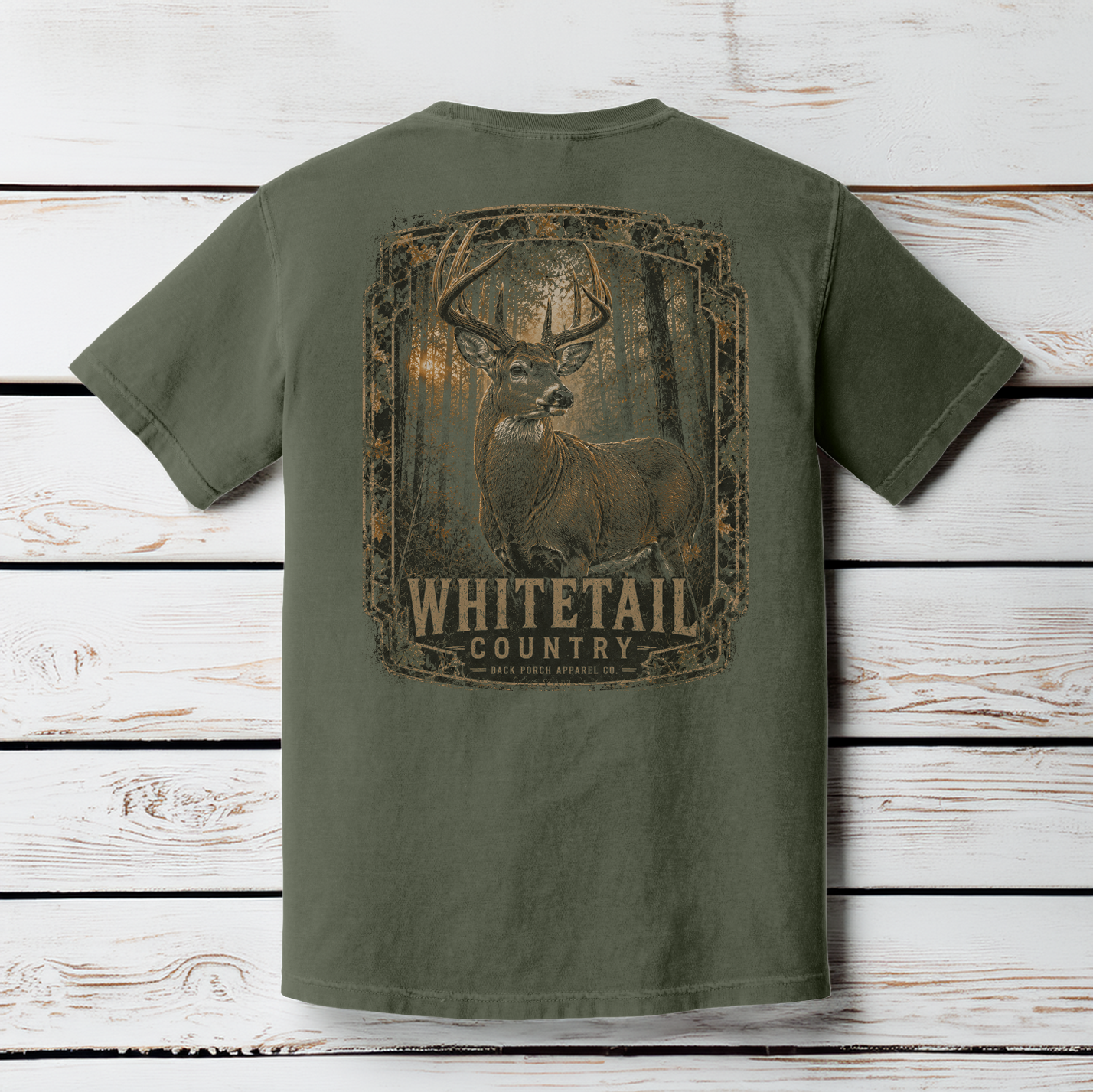 Back view of the Whitetail Country Comfort Colors Moss t-shirt featuring a mature whitetail buck in the woods.