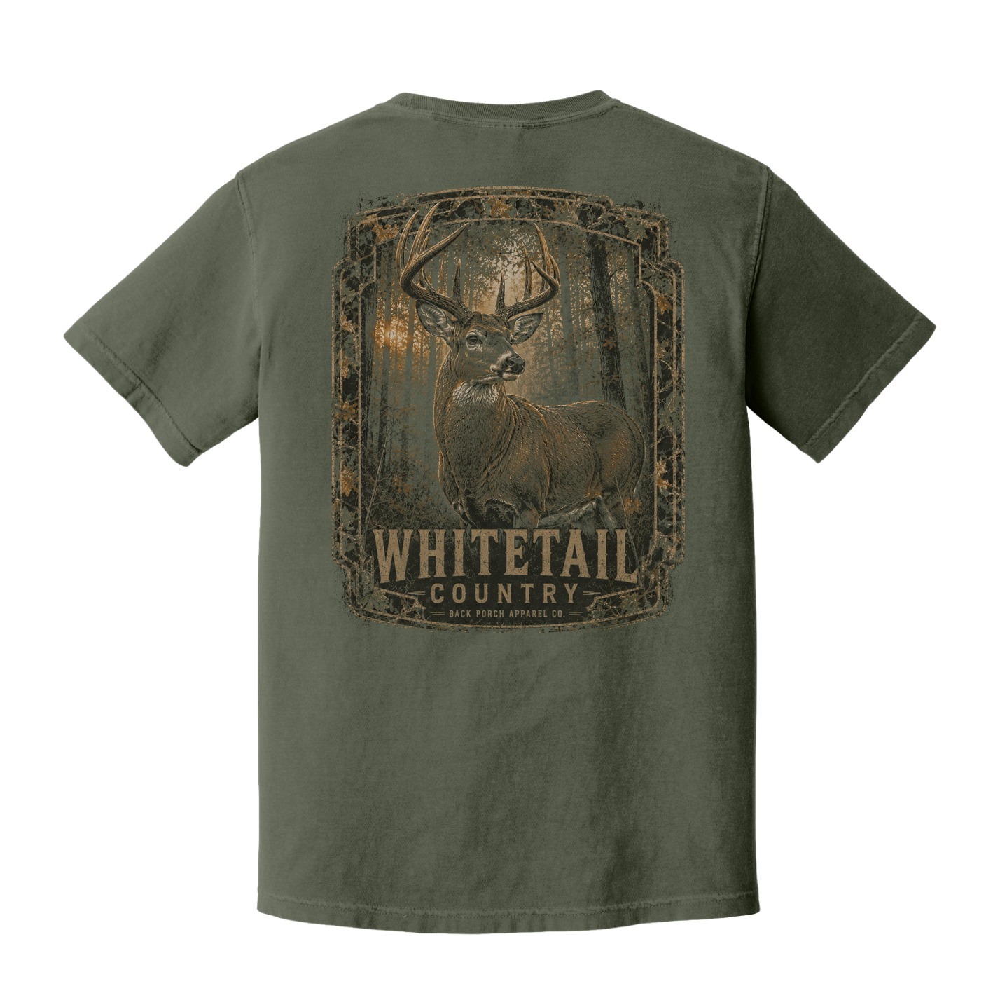 Whitetail Country trophy buck graphic printed on a Comfort Colors 1717 Moss t-shirt by Back Porch Apparel.