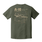 Back view of a Moss Comfort Colors t-shirt displayed on a white background featuring a distressed A-10 Thunderbolt II military aviation blueprint graphic by Back Porch Apparel.