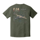 Back view of a Moss Comfort Colors t-shirt displayed on a white background featuring a distressed F-14 Tomcat fighter jet blueprint graphic by Back Porch Apparel.