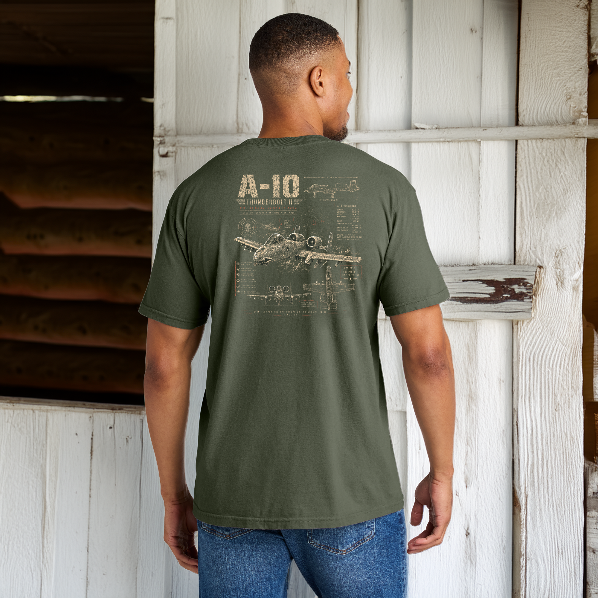 Model wearing Back Porch Apparel A-10 Warthog Comfort Colors T-Shirt
