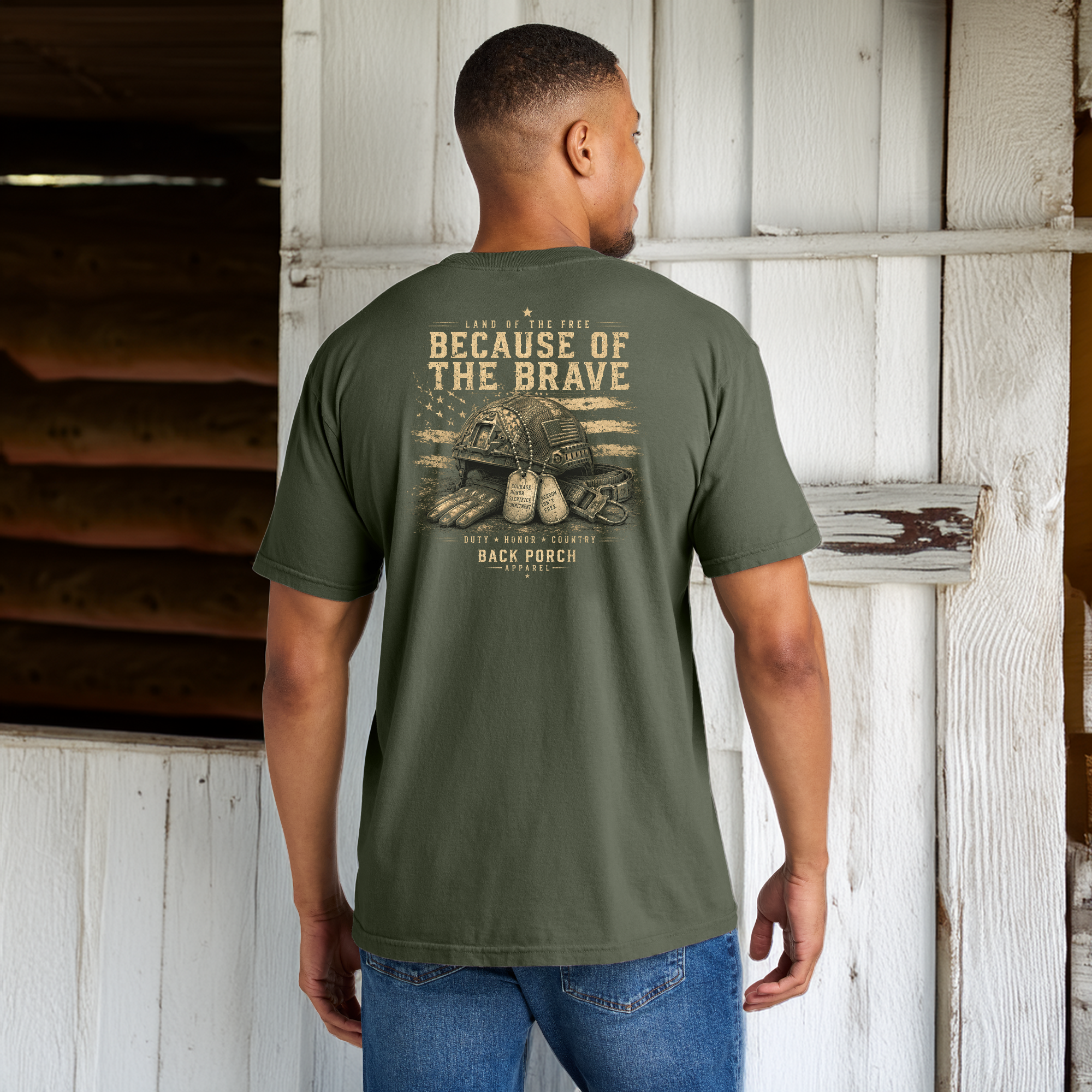 Model wearing Because of The Brave Back Porch Apparel Comfort Colors Shirt
