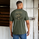 Model Wearing a Back Porch Apparel Built On Courage Comfort Colors Moss T-SHirt