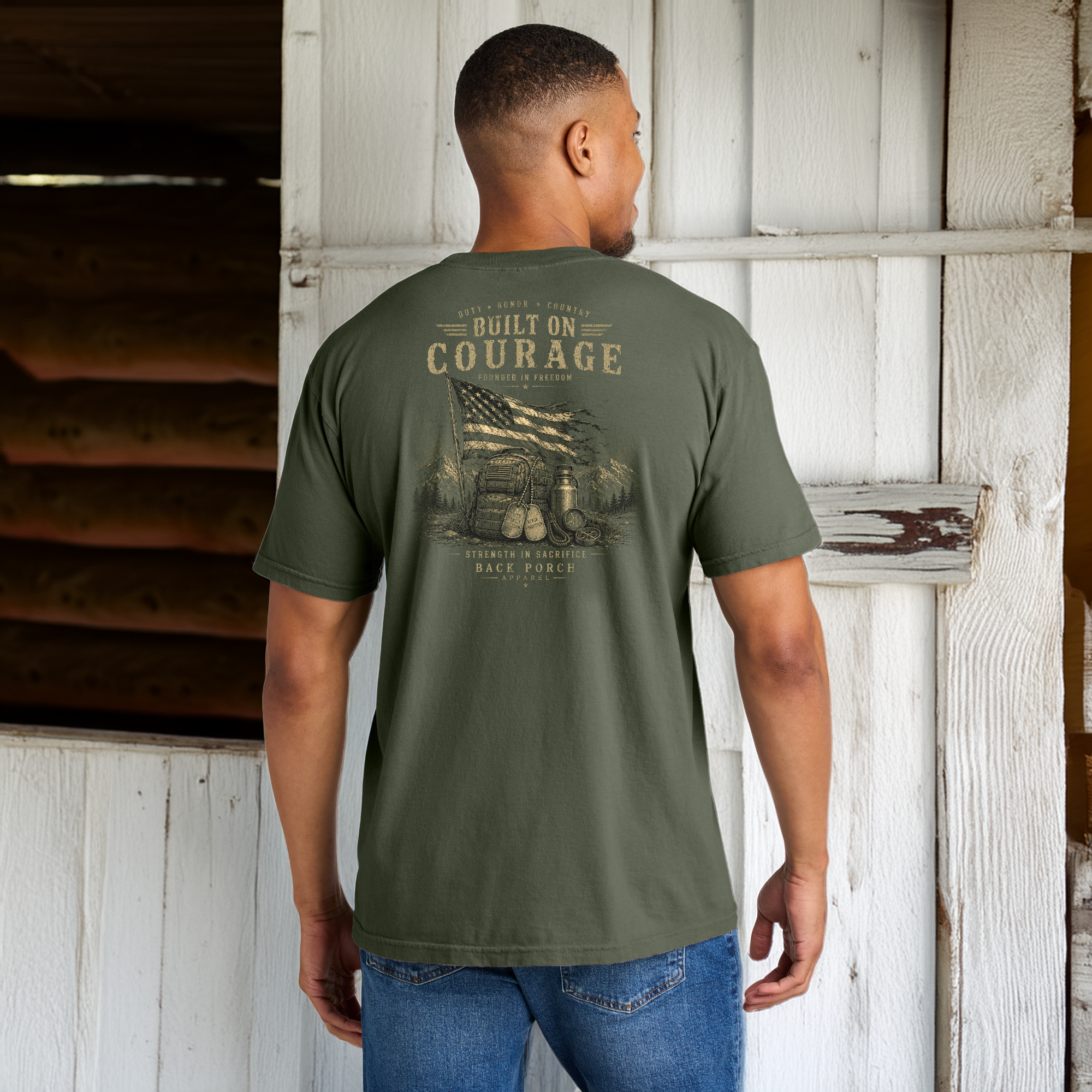 Model Wearing a Back Porch Apparel Built On Courage Comfort Colors Moss T-SHirt