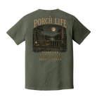 Back of Moss Comfort Colors graphic t-shirt featuring a moonlit porch, rocking chair, lantern, glowing fireflies, and the phrase "Fireflies Are Better on the Porch."