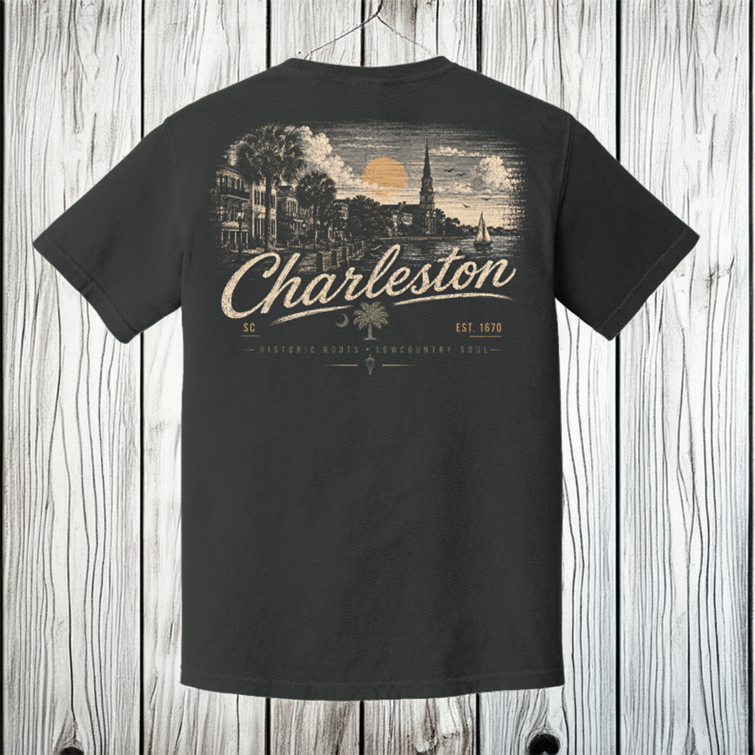 A dark charcoal gray t-shirt shown from the back, featuring a vintage-style graphic of Charleston, SC with a sunset, church steeple, and the word 'Charleston' in cream lettering. The t-shirt is displayed hanging against a white-washed wood plank background.