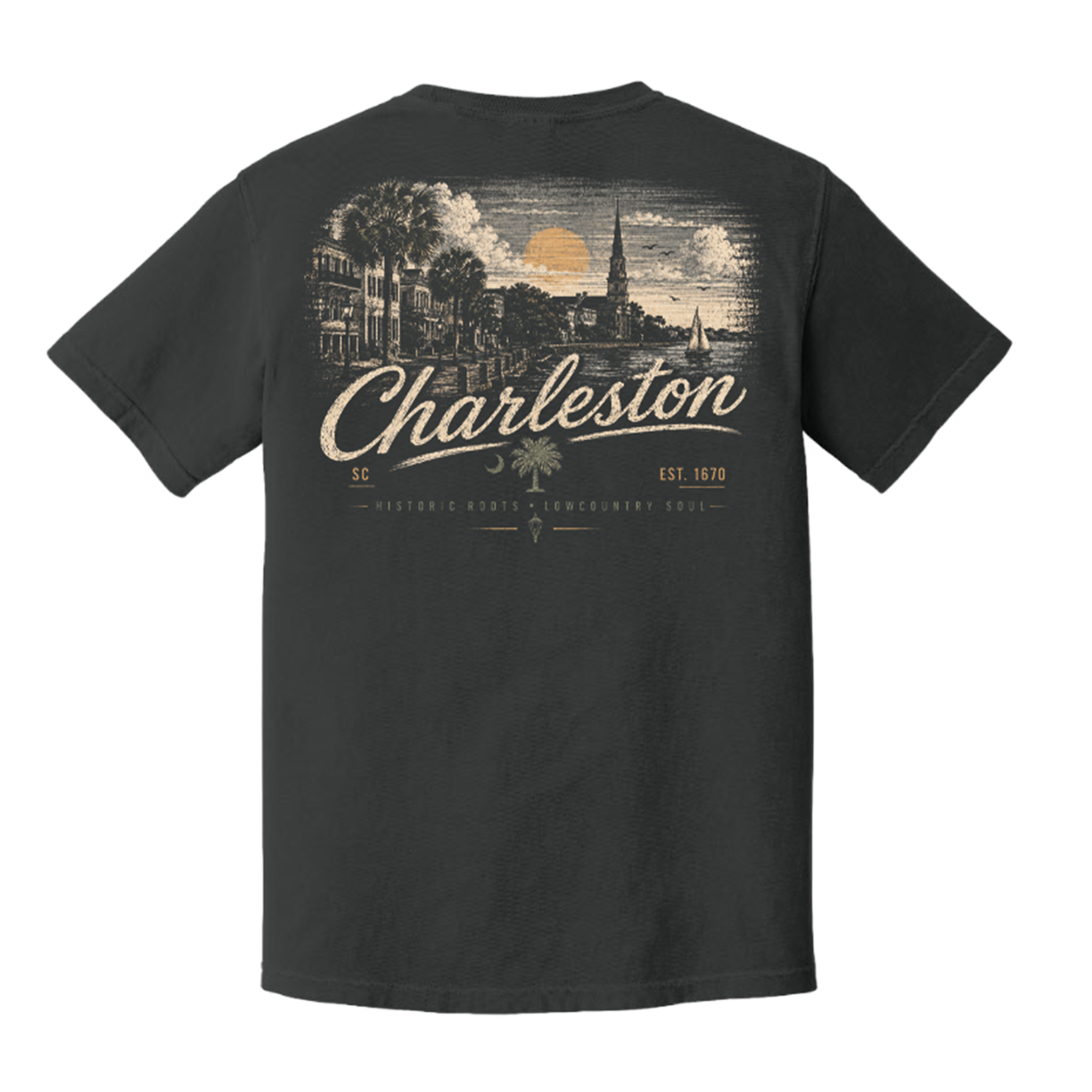A dark charcoal gray t-shirt shown from the back, featuring a large vintage-style graphic of Charleston, South Carolina, with a scenic illustration and cream-colored text.