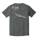 Back of Comfort Colors Pepper graphic t-shirt featuring a distressed F-14 Tomcat military aircraft design with aviation blueprint details.