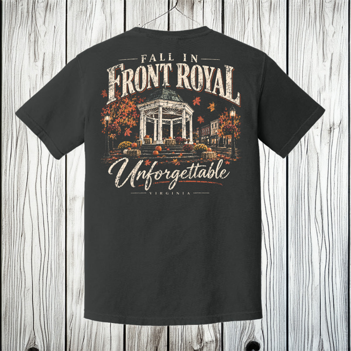 Back of Pepper Comfort Colors 1717 T-shirt featuring the Fall in Front Royal Virginia design with gazebo, pumpkins and autumn foliage.