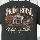 Close-up of the Fall in Front Royal Unforgettable Virginia shirt design featuring the Front Royal gazebo surrounded by fall leaves and pumpkins.
