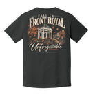 Back view of Pepper Comfort Colors 1717 T-shirt with vintage Fall in Front Royal Virginia gazebo graphic.
