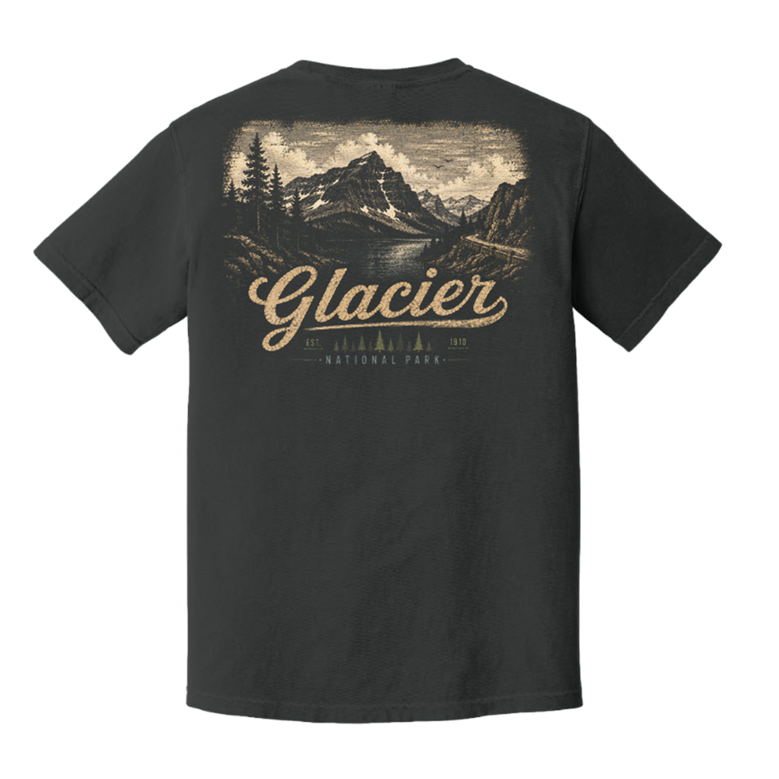 A dark charcoal gray t-shirt shown from the back, featuring a large vintage-style graphic of Glacier National Park with a mountain landscape and a tan script reading 'Glacier'.