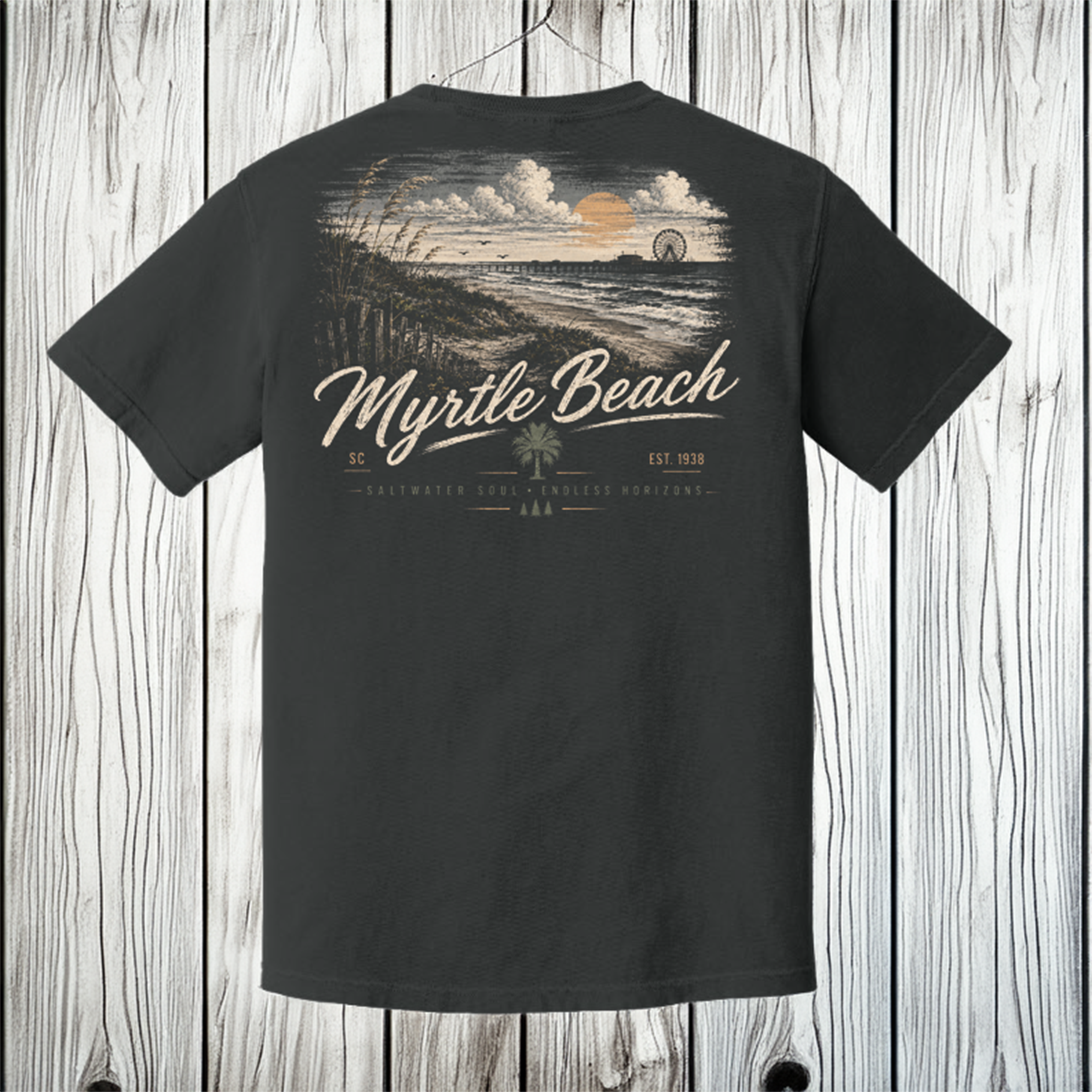 A dark charcoal gray t-shirt shown from the back, featuring a vintage-style graphic of a beach sunset with the text 'Myrtle Beach' and 'Eastwater Gap - Treasure Coast' printed in beige and white.
