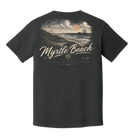 A dark charcoal gray t-shirt shown from the back, featuring a large graphic print of a beach sunset scene with the text 'Myrtle Beach' in a stylized cream font.