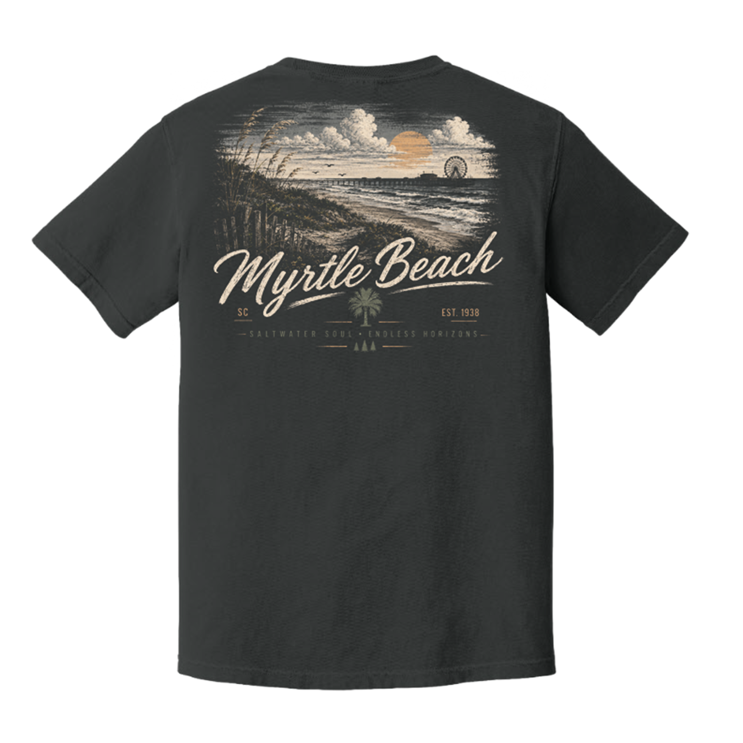 A dark charcoal gray t-shirt shown from the back, featuring a large graphic print of a beach sunset scene with the text 'Myrtle Beach' in a stylized cream font.
