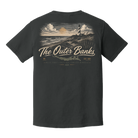 A dark charcoal gray t-shirt shown from the back, featuring a large vintage-style graphic print of a lighthouse and ocean scene with the text 'The Outer Banks' in cream and tan.