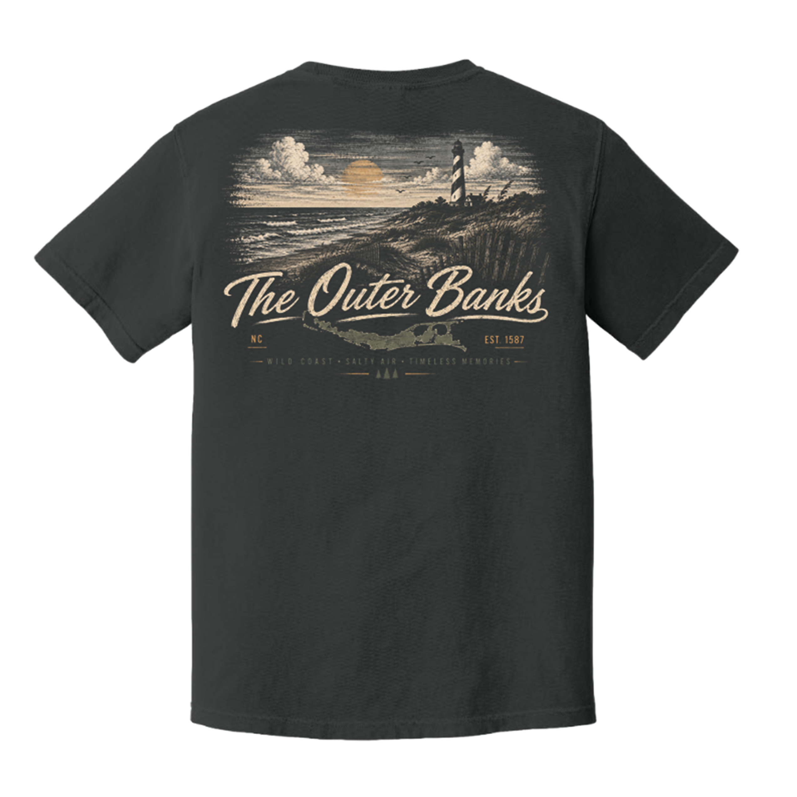 A dark charcoal gray t-shirt shown from the back, featuring a large vintage-style graphic print of a lighthouse and ocean scene with the text 'The Outer Banks' in cream and tan.
