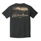 A dark charcoal gray t-shirt shown from the back, featuring a vintage-style graphic of the Smokey Mountains with a bear, moon, and trees, and the text 'The Great Smokey Mountains'.