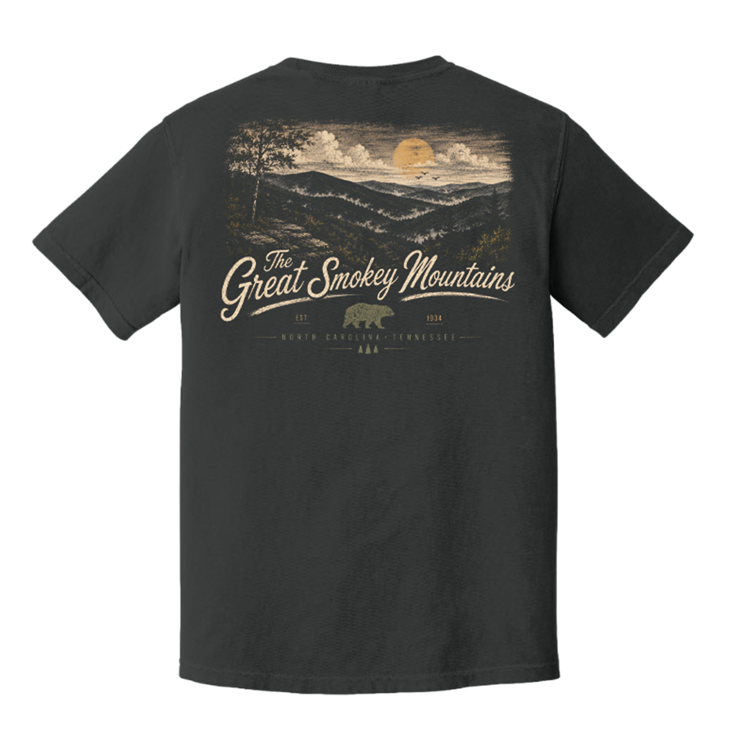 A dark charcoal gray t-shirt shown from the back, featuring a vintage-style graphic of the Smokey Mountains with a bear, moon, and trees, and the text 'The Great Smokey Mountains'.