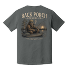 Back of Pepper Comfort Colors t-shirt featuring Bigfoot fishing from a jon boat with the words "Good Times. Tight Lines. No WiFi."