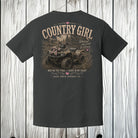 Pepper gray Comfort Colors t-shirt featuring a large distressed back graphic with a camouflage four wheeler, rustic outdoor artwork, and vintage southern country girl lettering.