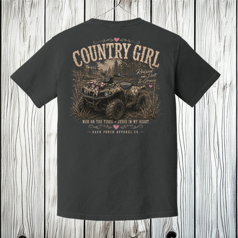 Pepper gray Comfort Colors t-shirt featuring a large distressed back graphic with a camouflage four wheeler, rustic outdoor artwork, and vintage southern country girl lettering.