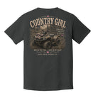 Back view of a charcoal gray Comfort Colors t-shirt displayed on a white background featuring a distressed camouflage ATV graphic with southern country girl typography and pink bow accents by Back Porch Apparel.